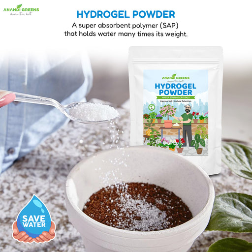 Hydrogel-powder-being-added-with Anandi-Greens-packaging-and-text-about-hydrogel-properties