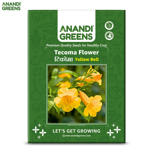 Anandi-Greens-Tecoma-Flower-seed-packet-with-yellow-flowers-on-a-green-background