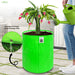 Green plant pot with excellent drainage feature, being watered by a person.