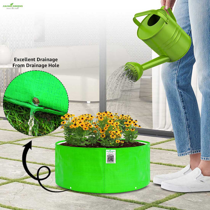 Anandi Greens grow bags with text highlighting features like heavy 5-layered material and thickened 260 GSM HDPE