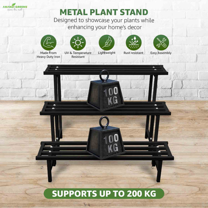 Metal plant stand with weights on a wooden surface and white brick wall background