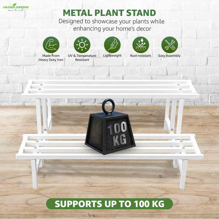 Metal plant stand with a 100 kg weight on a wooden floor against a white brick wall.