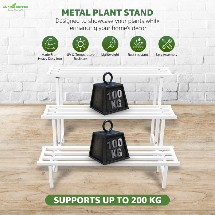 Metal plant stand with 100 kg weight on a wooden floor against a white brick wall.
