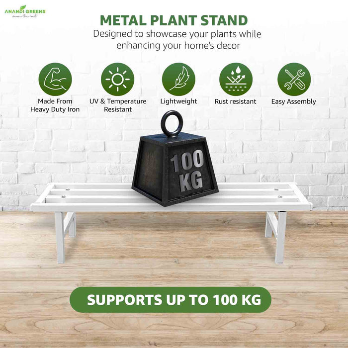 Metal plant stand with a black weight labeled '100 KG' on a wooden floor, featuring product benefits on a white brick wall background.