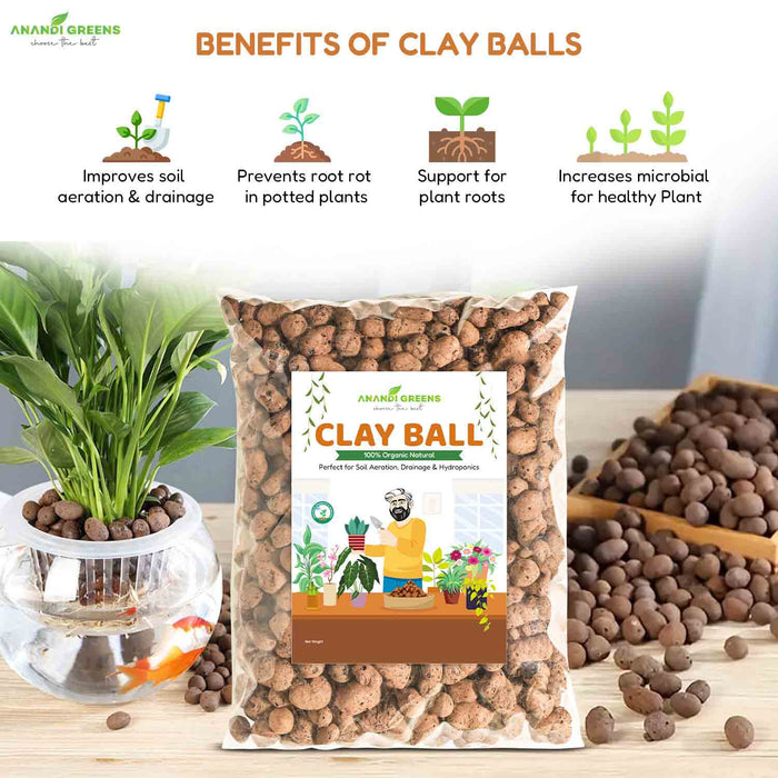 Anandi Greens clay balls packaging with benefits listed and plants around.