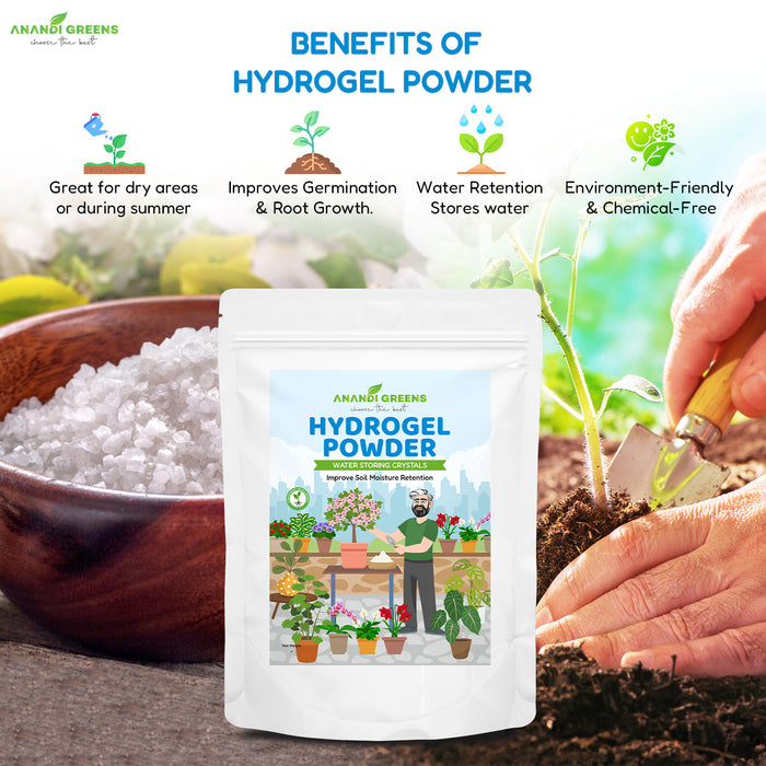 Anandi-Greens-Hydrogel-Powder-packaging-with-benefits-gardening-activities-shown