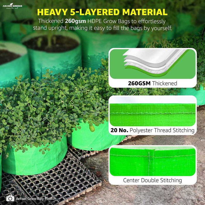 Durable 260gsm HDPE grow bags showing layered material, polyester stitching, and healthy plant growth