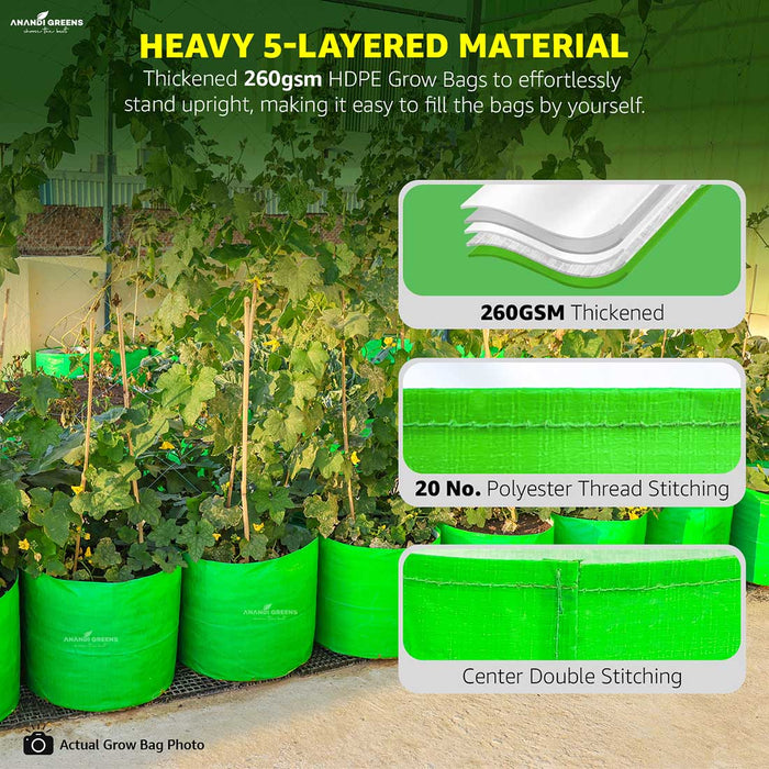 Green grow bags with text highlighting features like heavy 5-layered material and thickened 260 GSM HDPE.