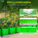 Green grow bags with text highlighting features like heavy 5-layered material and thickened 260 GSM HDPE.