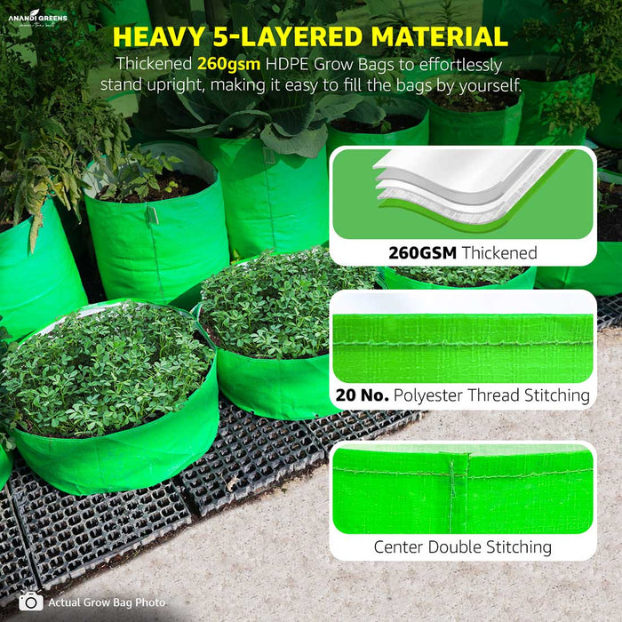 Green grow bags with text highlighting features like heavy 5-layered material and thickened 260 GSM HDPE.