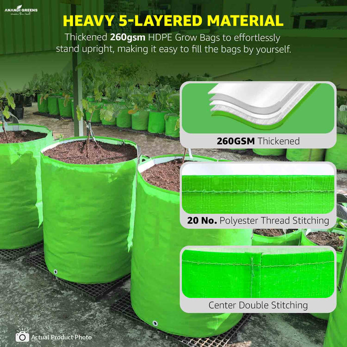 Green grow bags with text highlighting material details in a greenhouse setting