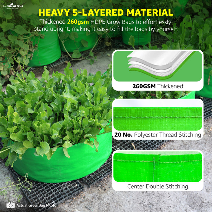Green grow bag with text highlighting material features and plant growth.