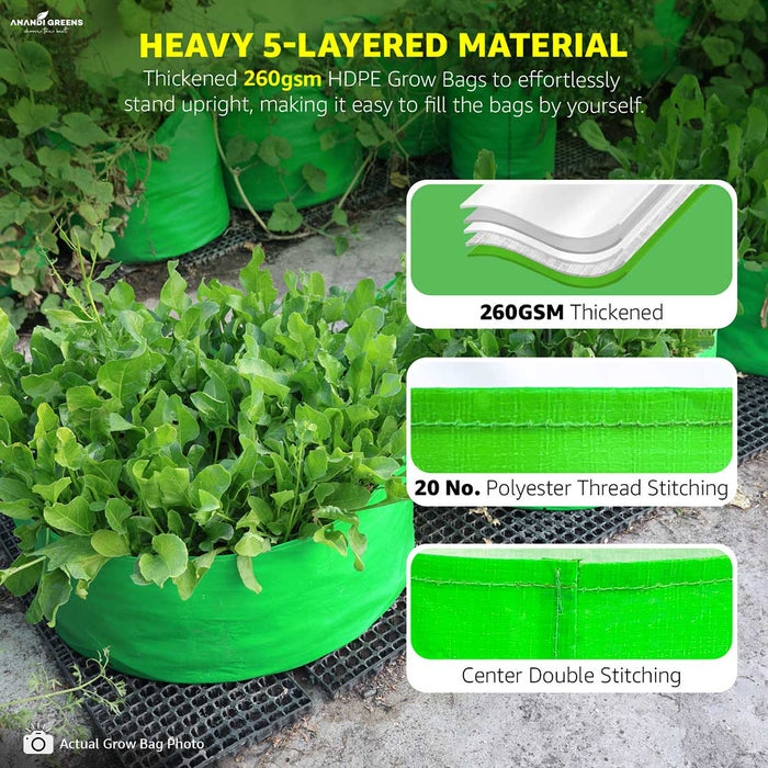 Anandi Greens grow bags with text highlighting features like heavy 5-layered material and thickened 260 GSM HDPE
