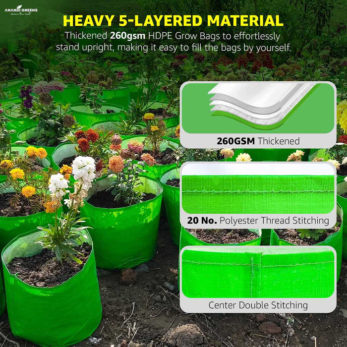 Green grow bags with text highlighting features like heavy 5-layered material and thickened 260 GSM HDPE.