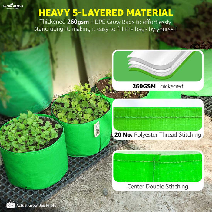 Green grow bags with text highlighting material thickness and features,