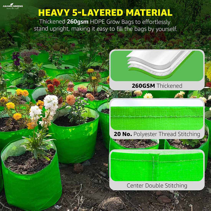 Green grow bags with text highlighting material thickness and stitching details, set against a garden background.