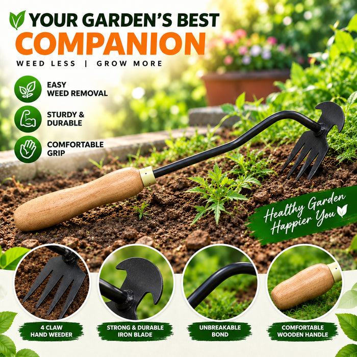 A garden hand tool with a wooden handle and black claw fork/weeding head shown in a garden bed, with marketing text and circular detail callouts about weed removal, durability, grip, and handle comfort.