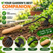A garden hand tool with a wooden handle and black claw fork/weeding head shown in a garden bed, with marketing text and circular detail callouts about weed removal, durability, grip, and handle comfort.