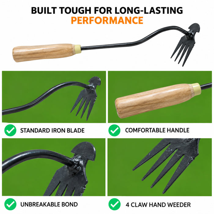 4-Claw Hand Weeding Tool for Gardening & Heavy Duty Weed Remover &amp; Soil Cultivator