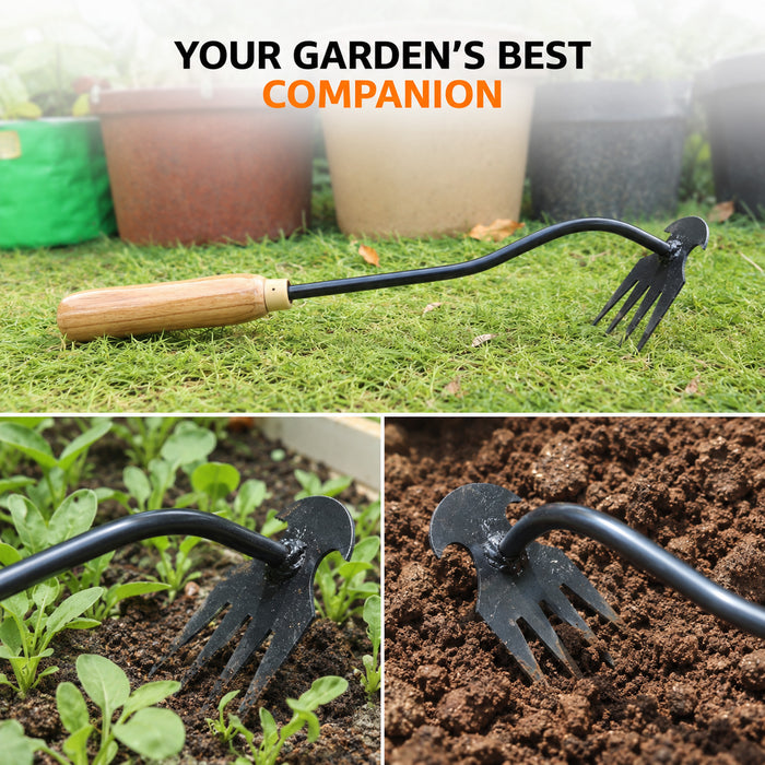  4-Claw Hand Weeding Tool for Gardening & Heavy Duty Weed Remover & Soil Cultivator 'BUILT TOUGH FOR LONG-LASTING PERFORMANCE' and callout text about better soil cultivation and weed removal.