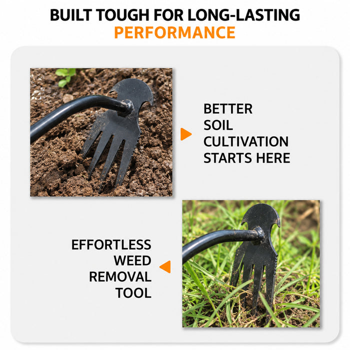  4-Claw Hand Weeding Tool for Gardening & Heavy Duty Weed Remover &amp; Soil Cultivator 'BUILT TOUGH FOR LONG-LASTING PERFORMANCE' and callout text about better soil cultivation and weed removal.