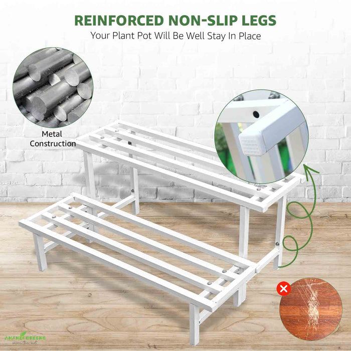 White metal plant stand with reinforced non-slip legs on a wooden floor.