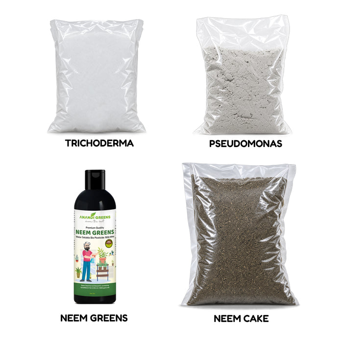 4-in-One Plant Protection Bio Combo Kit with Neem Oil, Pseudomonas, Trichoderma &amp; Neem Cake Powder for Home Garden Plants