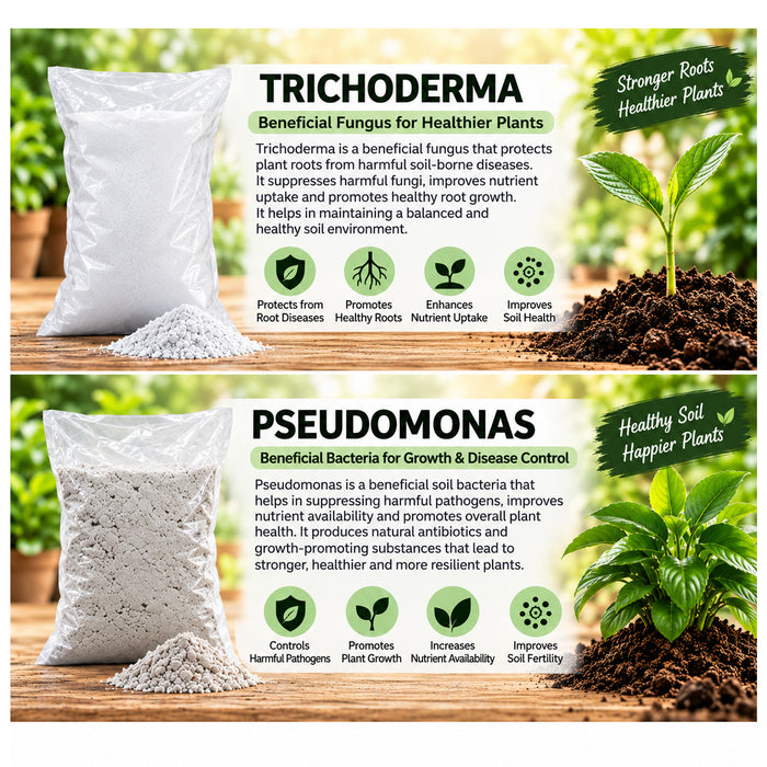 Two stacked product comparison panels for organic plant care products. Trichoderma beneficial fungus with benefits like root protection and nutrient uptake. and Pseudomonas FOr Growth & disease Control