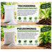 Two stacked product comparison panels for organic plant care products. Trichoderma beneficial fungus with benefits like root protection and nutrient uptake. and Pseudomonas FOr Growth & disease Control