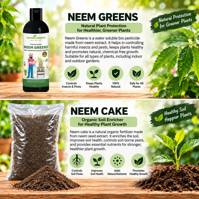 A promotional graphic for two neem-based products: Neem Greens, a water soluble bio pesticide bottle, and Neem Cake, an organic soil enricher pouch. The image is split into two sections with green leaf graphics at the top and a wooden surface with a small plant at the bottom.