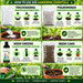 A six-panel gardening essentials guide showing products like Trichoderma, Pseudomonas, Neem Greens, Neem Cake, and a plant potting bag with step-by-step usage instructions on a green background.