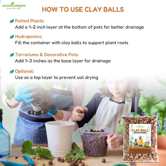 Instructions on how to use clay balls for gardening with a child involved in planting.