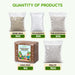 A product quantity graphic showing five packaged supplement components on a light background with green text reading 'QUANTITY OF PRODUCTS' at the top. The items are: Bone Meal 30G in a clear bag, Trichoderma 50G in a clear bag, Pseudomonas 20G in a clear bag, Coco Peat 1KG in a brown wrapped block with a label, and Perlite 150G in a clear bag filled with white beads.