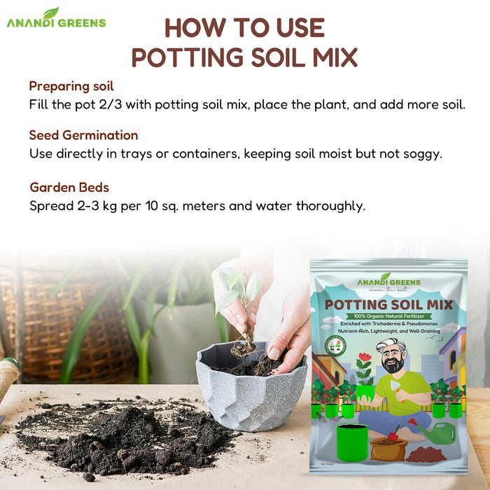 Anandi-Greens-potting-soil-mix-packaging-with-usage-instructions-on-a-wooden-surface.