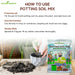 Anandi-Greens-potting-soil-mix-packaging-with-usage-instructions-on-a-wooden-surface.