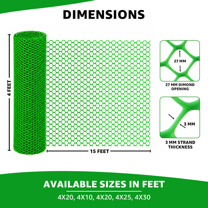 Green diamond mesh fencing roll with dimensions shown on a white and green graphic background. The image includes a 4-foot tall roll, a 20-foot wide unrolled section, and inset details showing 27 mm diamond opening and 3 mm strand thickness.