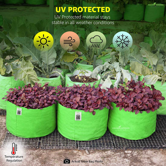 Green grow bags with plants, featuring UV protection text and icons.