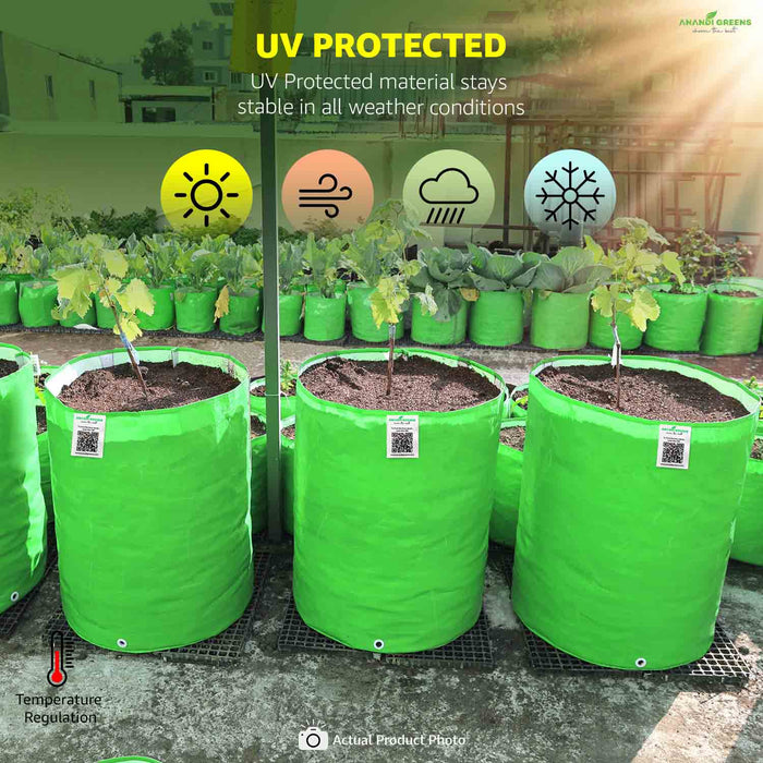 Green UV-protected planters with plants in a garden setting, featuring weather icons.