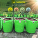 Green UV-protected planters with plants in a garden setting, featuring weather icons.