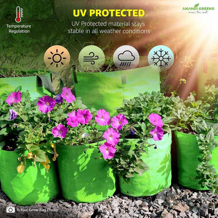 Green grow bags with plants and UV protection features highlighted