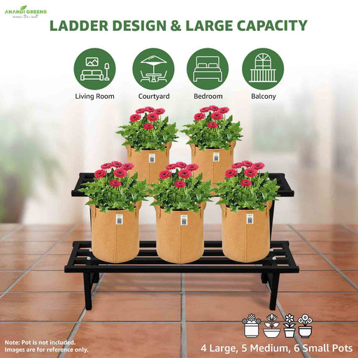 Black metal plant stand with pots of flowers labeled for different rooms, featuring 'Anandi Greens' branding.