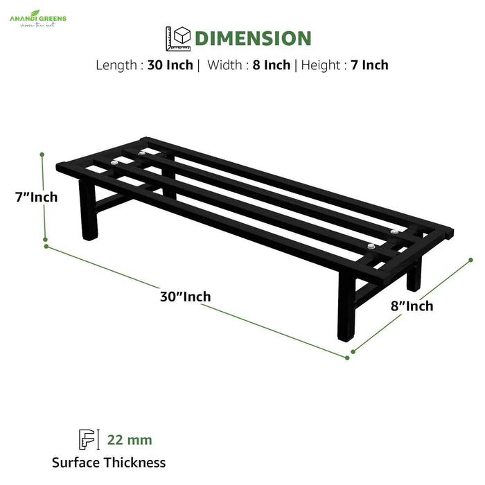 Dimensions of a black metal frame with labeled measurements on a white background.