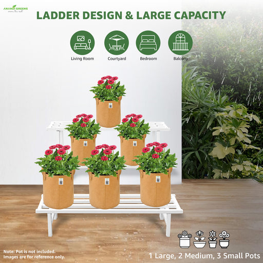 Potted plants on a ladder with green icons and text indicating uses for living room, courtyard, bedroom, and balcony.