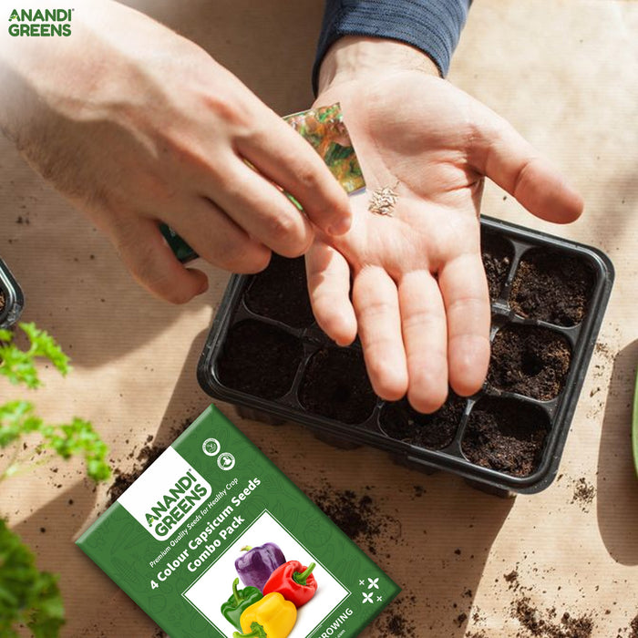 Person-holding-soil-with-a-seedling-tray-and-Anandi-Greens-seed-packet-on-a-wooden-surface