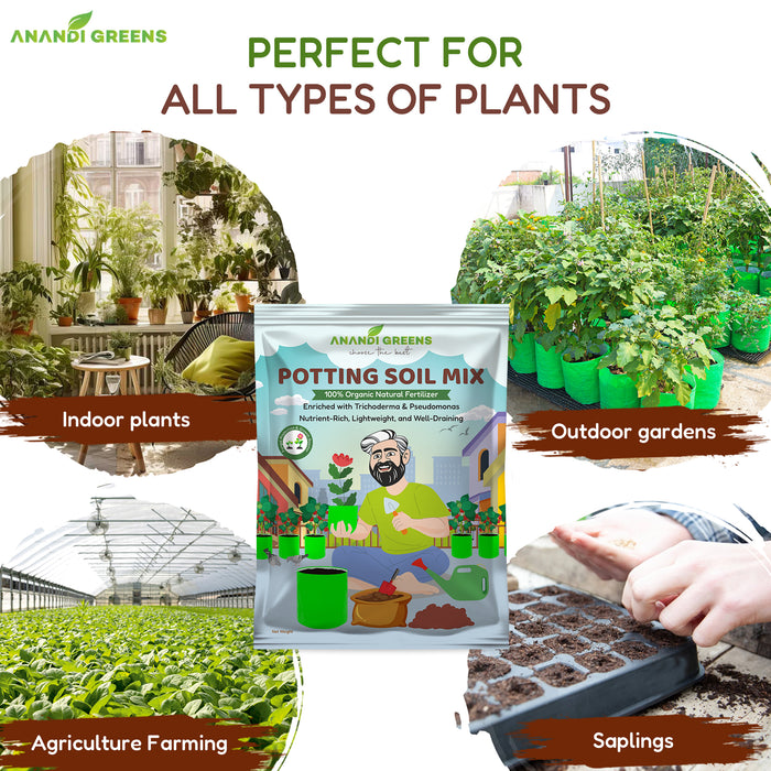 Anandi-Greens-potting-soil-mix-packaging-with-usage-scenarios-for-indoor-plants-outdoor-gardens-agriculture-and-saplings.