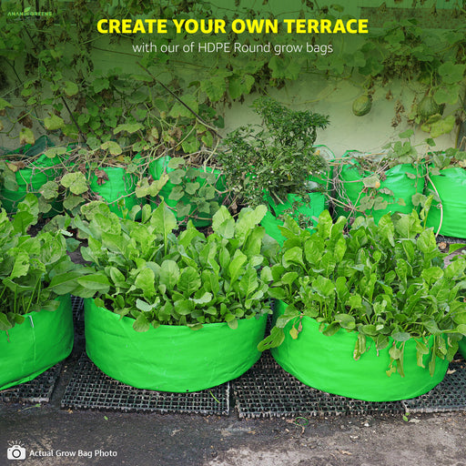Green HDPE round grow bags with plants on a terrace, promoting the use of these bags for gardening.