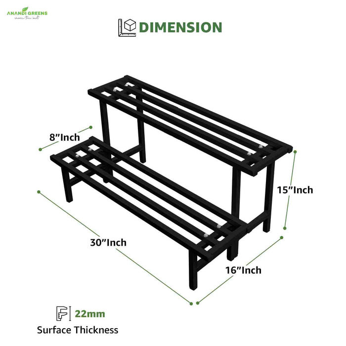 Dimensions of a black metal bench with labeled measurements on a white background.