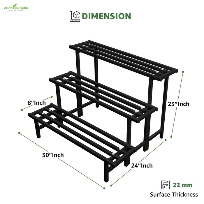 Dimensions of a black metal plant stand with labeled measurements on a white background.