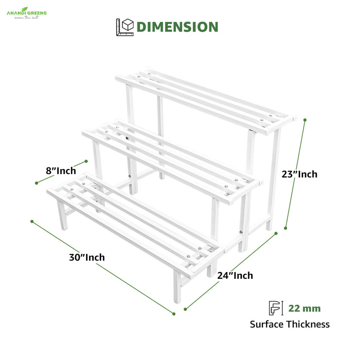 Dimensions of a white metal plant stand with labeled measurements on a white background.