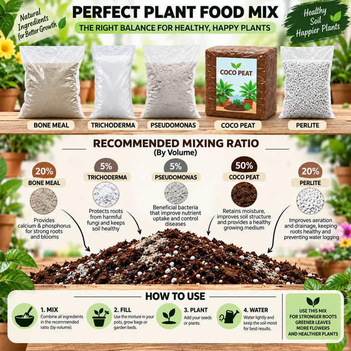 An infographic titled 'PERFECT PLANT FOOD MIX' showing labeled bags of bone meal, trichoderma, pseudomonas, coco peat, and perlite above a recommended mixing ratio and how-to use section. The image is not a clean product photo of a single sellable item and functions as an explanatory promotional graphic, so subject_type is Instruction Diagram rather than Product/Packaging.
